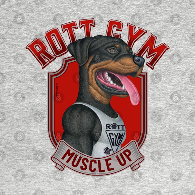 Fun Rottweiler in Rott Gym Muscle Up with red accents by Danny Gordon Art